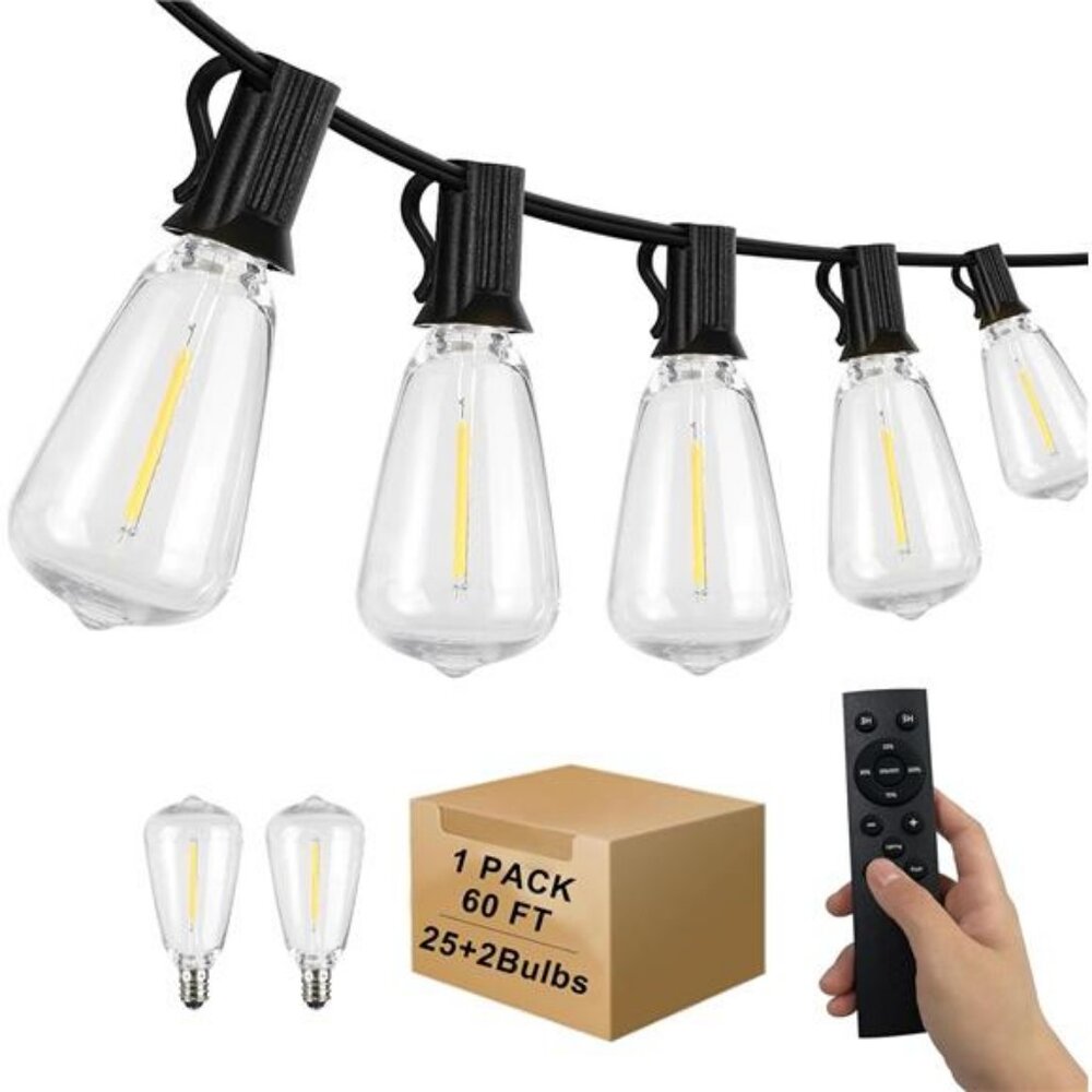 60FT LED Outdoor String Lights Waterproof with Remote, Dimmable Outdoor Lights